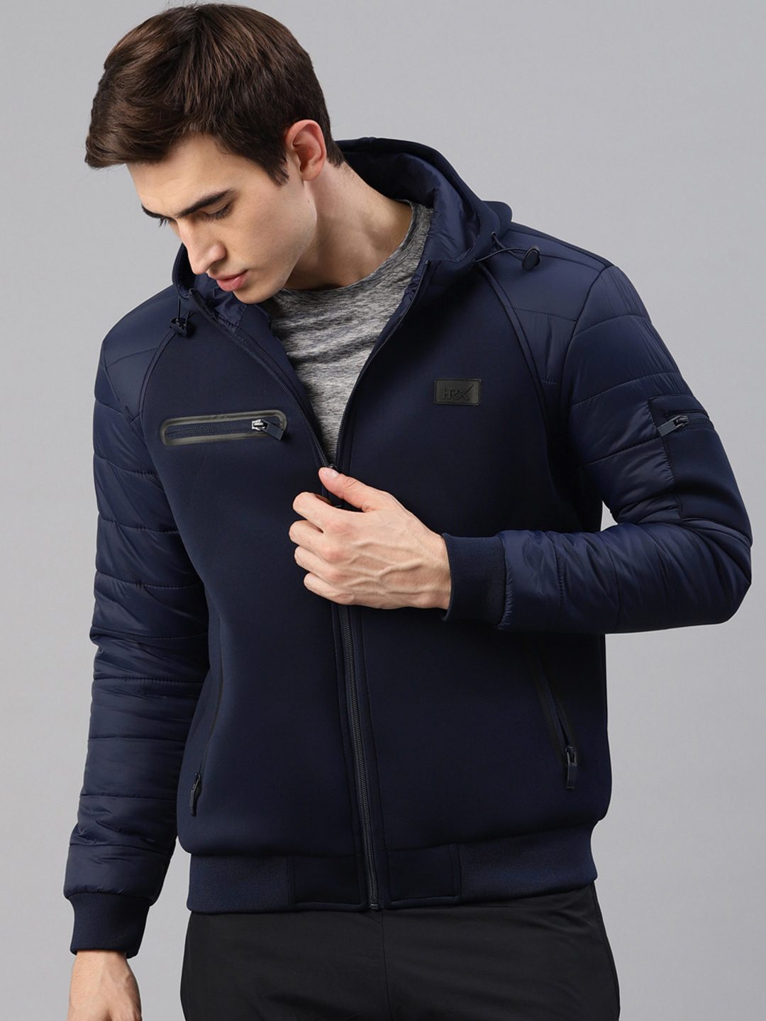 Men Navy Blue Active Hooded Solid Sporty Jacket | HRX by Hrithik Roshan ...